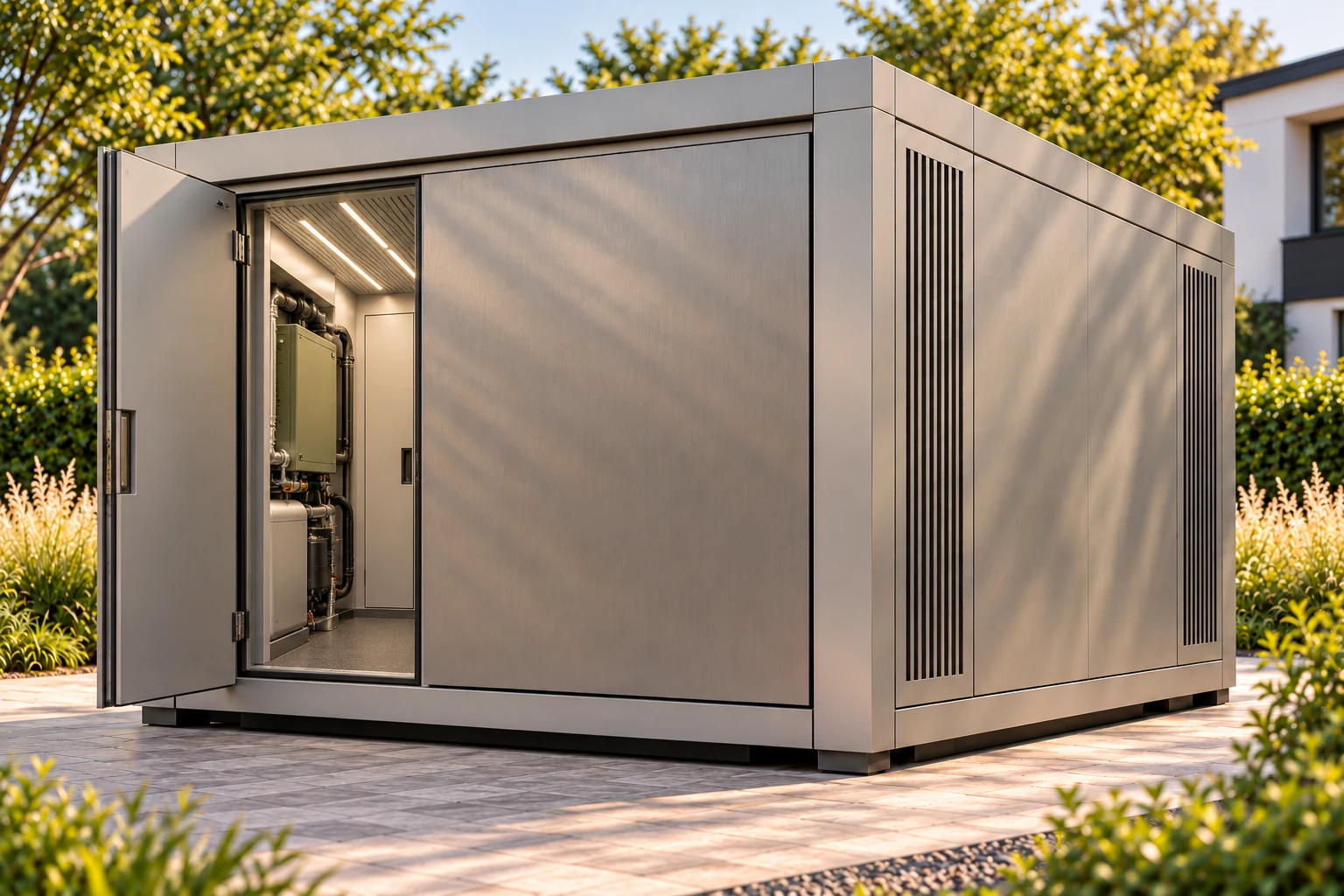Designvisualisierung des geöffneten PowerCube im Garten