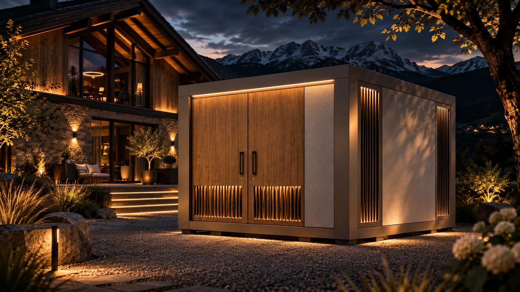 Warm beleuchteter PowerCube mit Holzfassade vor einem Chalet und Alpenpanorama in der Abenddämmerung